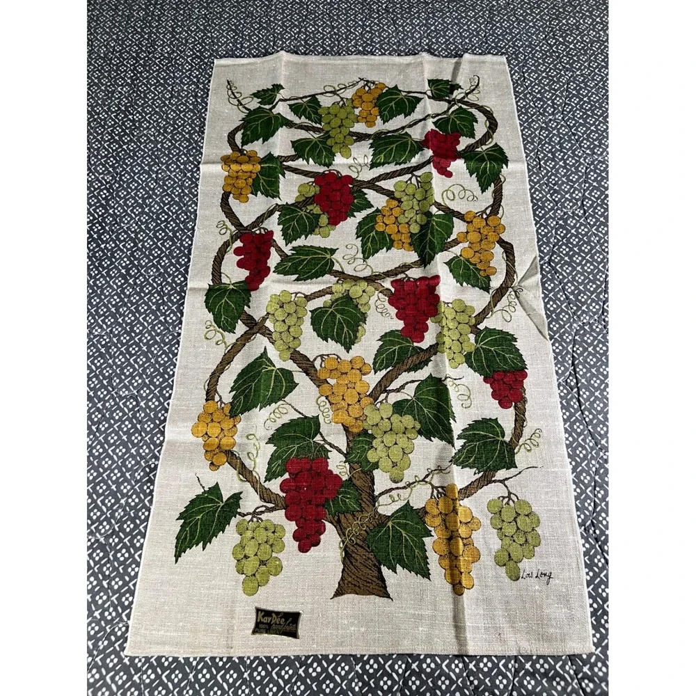 Vintage Kay Dee Hand Prints Pure Linen Tea Towel Lois Long Grape Arbor Design